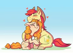 Size: 3073x2234 | Tagged: safe, artist:ohjeetorig, derpibooru import, bright mac, pear butter, earth pony, pony, blushing, brightabetes, brightbutter, colored hooves, cowboy hat, cute, eyes closed, female, floating heart, gradient background, hat, heart, male, mare, official fan art, pearabetes, shipping, sitting, snuggling, stallion, straight, unshorn fetlocks
