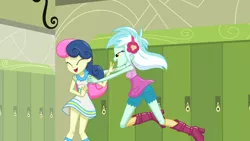 Size: 4624x2601 | Tagged: safe, artist:phucknuckl, derpibooru import, bon bon, lyra heartstrings, sweetie drops, equestria girls, adorabon, best friends, boots, canterlot high, clothes, cute, dress, eyes closed, female, giggling, happy, headphones, incoming hug, lesbian, lockers, lyrabetes, lyrabon, open mouth, shipping, shoes, shorts, smiling, teenager, vector, wholesome
