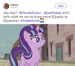 Size: 619x540 | Tagged: derpibooru import, equality, equality mark, human, josh haber, meta, mike vogel, nicole dubuc, pride, pride month, s5 starlight, safe, screencap, solo, starlight glimmer, the cutie map, twitter