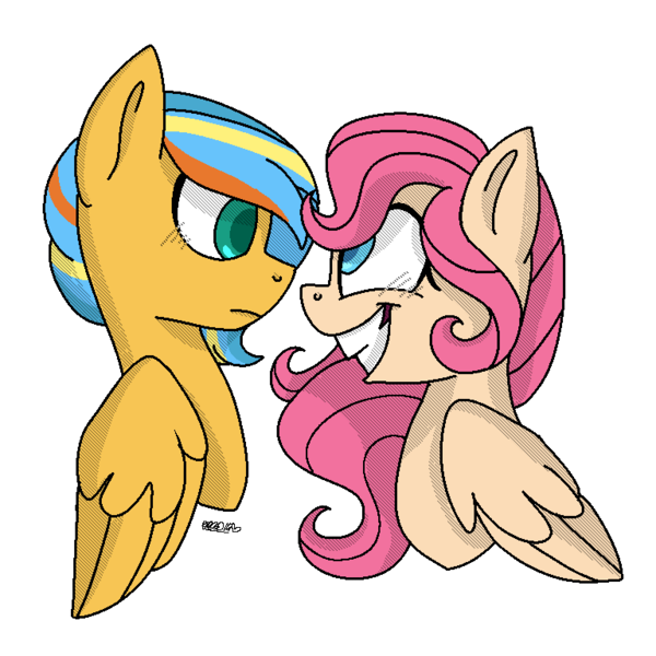 Size: 768x768 | Tagged: safe, artist:awoomarblesoda, derpibooru import, oc, oc:honey cakes, oc:zippercharge, unofficial characters only, pegasus, pony, female, magical lesbian spawn, mare, offspring, parent:fluttershy, parent:pinkie pie, parents:flutterpie, simple background, transparent background