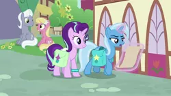 Size: 1920x1080 | Tagged: safe, derpibooru import, screencap, lily, lily valley, royal riff, starlight glimmer, trixie, pony, student counsel, bag, magic, saddle bag, scroll