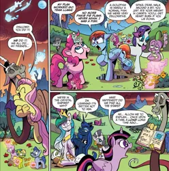 Size: 856x863 | Tagged: safe, artist:andypriceart, derpibooru import, idw, bittersweet (character), derpy hooves, discord, fluttershy, leadwing, observer (character), pinkie pie, princess celestia, princess luna, rainbow dash, rarity, spike, twilight sparkle, twilight sparkle (alicorn), zecora, alicorn, dragon, pony, spoiler:comic, spoiler:comic78, background pony, crystal empire, cute, daaaaaaaaaaaw, dialogue, discute, female, fish tank, hug, male, moon, paws, tail, tiny, tiny ponies, transformation, wet, wet mane, winged spike