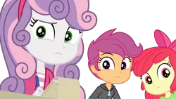 Size: 3286x1848 | Tagged: safe, artist:phucknuckl, derpibooru import, apple bloom, scootaloo, sweetie belle, equestria girls, equestria girls series, happily ever after party, concerned, cutie mark crusaders, looking at you, notepad, simple background, stare, staring at you, staring into your soul, transparent background, vector