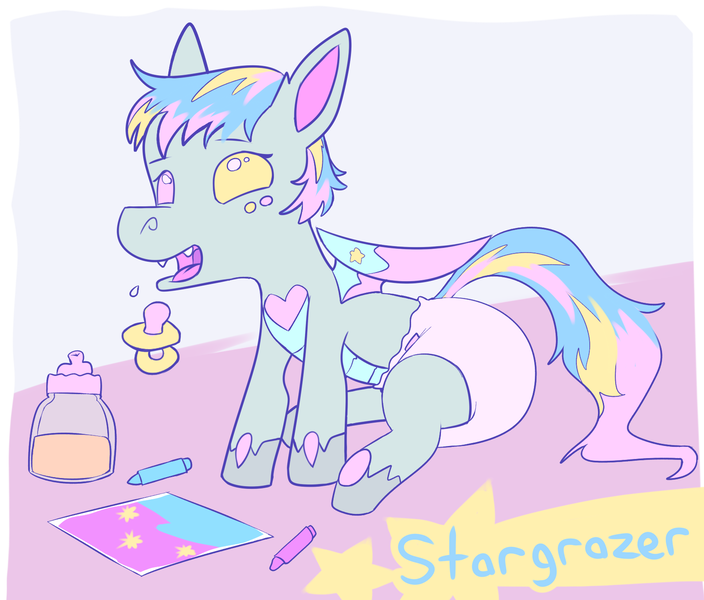 Size: 1627x1387 | Tagged: safe, artist:lawrence alpaca, derpibooru import, oc, oc:stargrazer, changedling, changeling, adult foal, baby bottle, changedling oc, changeling oc, crayon, diaper, diaper fetish, drawing, fetish, pacifier