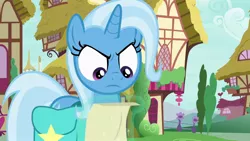 Size: 1920x1080 | Tagged: safe, derpibooru import, screencap, trixie, pony, unicorn, student counsel, angry, bag, faic, female, horn, levitation, looking down, magic, mare, paper, ponyville, purple eyes, saddle bag, scroll, solo, telekinesis, trixie is not amused, unamused