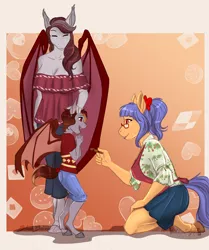Size: 2550x3045 | Tagged: safe, artist:blackblood-queen, derpibooru import, oc, oc:blueberry crisp, oc:pepper zest, oc:scarlet quill, unofficial characters only, anthro, bat pony, earth pony, anthro oc, apron, bat pony oc, bat wings, clothes, commission, cookie, female, food, gift art, glasses, image, kneeling, mother and child, mother and daughter, offspring, parent:oc:savory zest, parent:oc:scarlet quill, parents:oc x oc, parents:scarlory, png, shirt, smiling, wings