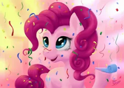 Size: 2280x1612 | Tagged: safe, artist:bluespaceling, derpibooru import, pinkie pie, earth pony, pony, confetti, cute, detailed, diapinkes, female, happy, mare, party horn, solo, streamers