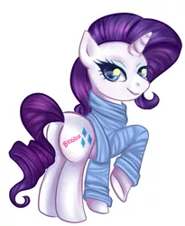 Size: 445x543 | Tagged: safe, artist:blisstox, derpibooru import, rarity, pony, unicorn, butt, clothes, female, head turn, looking at you, mare, plot, raised hoof, signature, simple background, smiling, solo, sweater, white background