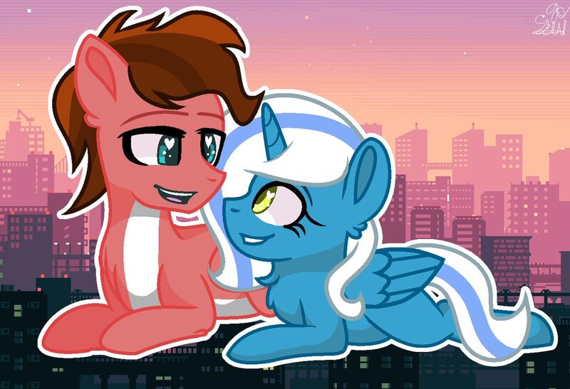 Size: 1199x820 | Tagged: safe, artist:john andri, derpibooru import, oc, oc:crimsonwing, oc:fleurbelle, unofficial characters only, alicorn, pegasus, pony, alicorn oc, city, female, fleurwing, heart eyes, horn, male, mare, oc x oc, shipping, straight, wingding eyes, wings