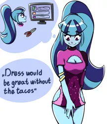 Size: 1300x1500 | Tagged: suggestive, artist:rockset, derpibooru import, sonata dusk, equestria girls, equestria girls series, find the magic, spoiler:eqg series (season 2), boob window, breasts, cleavage, clothes, dress, everything went better than expected, hole, ponytail, scissors, sexy, speech bubble, stupid sexy sonata dusk, taco dress, text