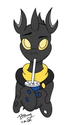 Size: 819x1354 | Tagged: artist:btbunny, changeling, changeling oc, colored, colored pupils, cute, derpibooru import, drink, male, oc, oc:flavis, quadrupedal, safe, simple background, soda, solo, white background, yellow changeling