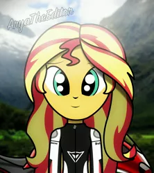 Size: 1920x2160 | Tagged: safe, artist:aryatheeditor, derpibooru import, sunset shimmer, equestria girls, awesome, awesome face, biker, biker jacket, dainese, day, ducati, motorcycle, mountain, photo, ride, rider, smiley face, smiling, solo