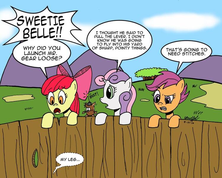 Size: 900x720 | Tagged: safe, artist:cartoon-eric, derpibooru import, apple bloom, scootaloo, sweetie belle, mouse, pony, comic:cmc and gear loose, cutie mark crusaders, fence, my leg, offscreen character, running gag, spongebob squarepants, sweetie fail