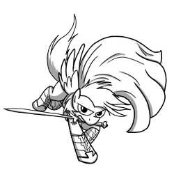 Size: 1024x1024 | Tagged: safe, artist:petirep, derpibooru import, oc, unofficial characters only, pegasus, pony, buck legacy, armor, black and white, bracer, card art, cloak, clothes, determined, grayscale, looking at you, male, monochrome, simple background, solo, sword, transparent background, weapon