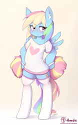 Size: 1693x2713 | Tagged: safe, artist:apony, derpibooru import, rainbow dash, pegasus, semi-anthro, blushing, cheerleader, clothes, cute, dashabetes, ear fluff, female, heart, mare, pom pom, shirt, socks, solo, spread wings, t-shirt, thigh highs, wings