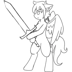 Size: 1000x1000 | Tagged: safe, artist:taletrotter, derpibooru import, oc, oc:dawn stormrider, pegasus, pony, barbarian, bipedal, black and white, braid, concept art, concept design, fighting stance, grayscale, greatsword, lineart, monochrome, standing pony, sword, tribal, two-handed sword, weapon, wings