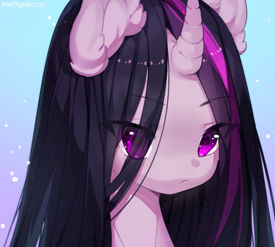 Size: 539x483 | Tagged: safe, artist:methynecros, derpibooru import, twilight sparkle, pony, unicorn, anime, bust, cute, ear fluff, eye clipping through hair, eyebrows visible through hair, female, gradient background, looking at you, mare, portrait, solo, twiabetes, unicorn twilight