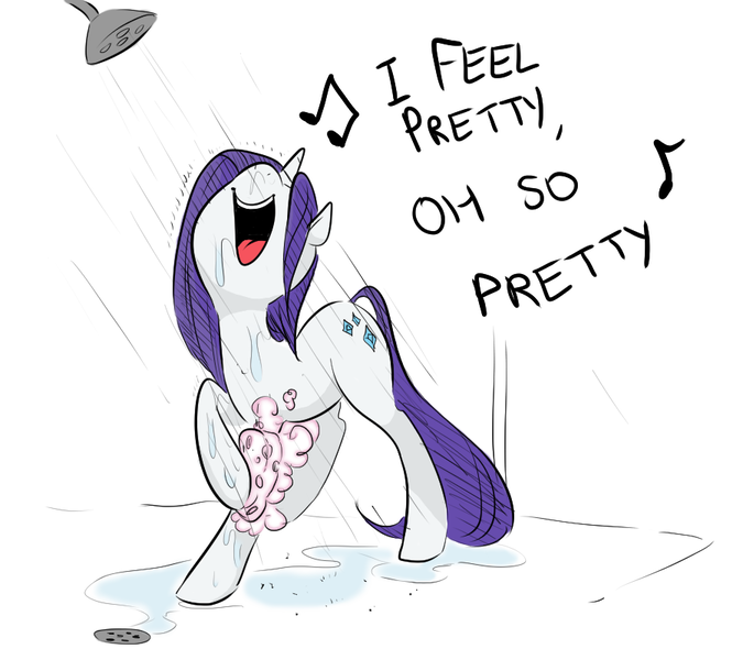 Size: 900x800 | Tagged: safe, artist:glacierclear, color edit, derpibooru import, edit, rarity, pony, unicorn, /mlp/, colored, female, i feel pretty, mare, shower, singing, solo, west side story, wet, wet mane, wet mane rarity