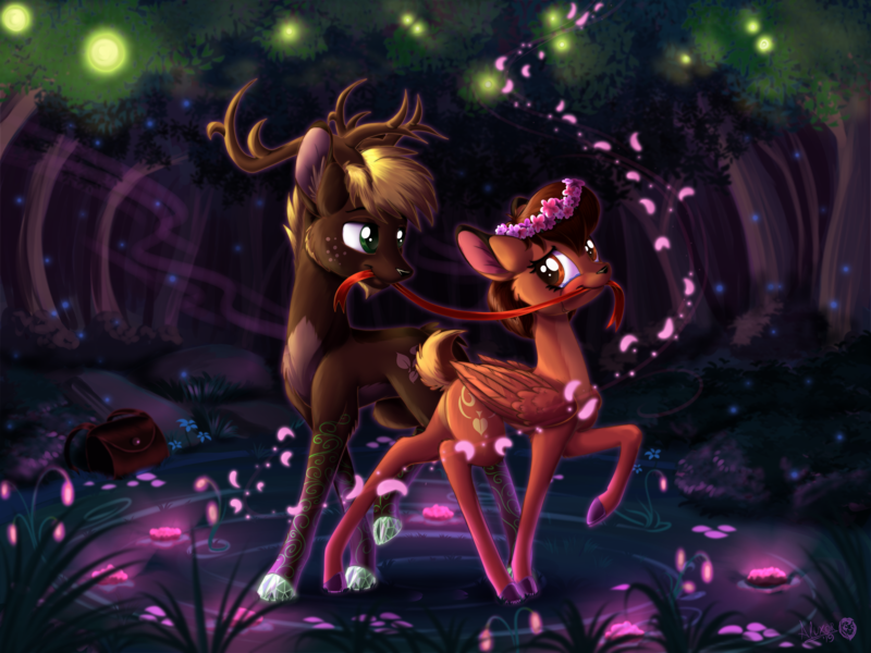 Size: 3000x2250 | Tagged: artist:sirzi, dancer, deer, deer oc, deer pony, derpibooru import, female, floral head wreath, flower, forest, glow, male, non-pony oc, oc, oc:ashiana leaf, original species, peryton, petals, ribbon, safe, smiling, straight, unofficial characters only, vitrung