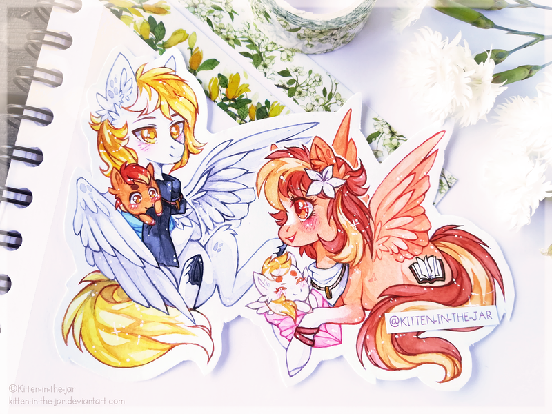 Size: 3968x2976 | Tagged: safe, artist:kitten-in-the-jar, derpibooru import, oc, oc:serenity, oc:white feather, unofficial characters only, pegasus, pony, baby, baby pony, featureless crotch, female, flower, flower in hair, male, mare, serenither, stallion, traditional art