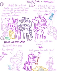 Size: 1280x1611 | Tagged: safe, artist:adorkabletwilightandfriends, derpibooru import, spike, starlight glimmer, twilight sparkle, twilight sparkle (alicorn), alicorn, dragon, pony, unicorn, comic:adorkable twilight and friends, adorkable, adorkable friends, adorkable twilight, and friends humor, annoyed, bored, broom, clean, cleaning, comic, content, cute, dork, dust, faic, glass, glowing horn, grumpy, grumpy twilight, horn, humor, lazy, lineart, magic, silly, slice of life, smug, sweeping, telekinesis, vacuum cleaner, window cleaner