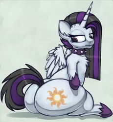 Size: 1526x1652 | Tagged: safe, artist:marsminer, derpibooru import, princess celestia, pony, between dark and dawn, alternate hairstyle, butt, choker, female, goth, hair dye, hoof shoes, large butt, plot, punklestia, solo, spiked choker, sunbutt, the ass was fat