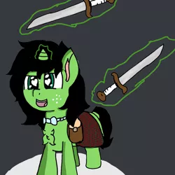 Size: 1440x1440 | Tagged: safe, artist:scotch, derpibooru import, oc, oc:anonfilly, pony, unicorn, bag, bow, clothes, cute, female, filly, freckles, glowing horn, heart eyes, horn, kilt, magic, saddle bag, skirt, sword, telekinesis, weapon, wingding eyes