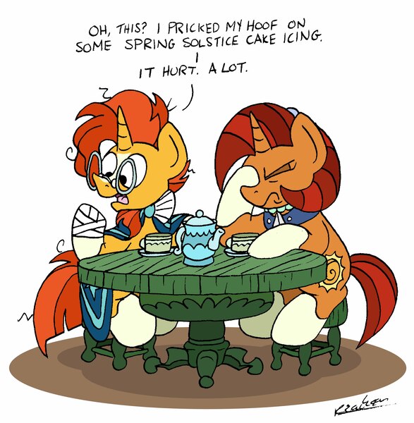 Size: 4443x4538 | Tagged: safe, artist:bobthedalek, derpibooru import, stellar flare, sunburst, pony, unicorn, student counsel, bandage, cup, disappointed, facehoof, female, male, mare, mother and child, mother and son, stallion, stellar flare is not amused, table, teacup, teapot, unamused