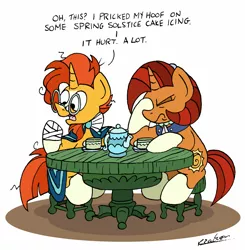 Size: 4443x4538 | Tagged: safe, artist:bobthedalek, derpibooru import, stellar flare, sunburst, pony, unicorn, student counsel, bandage, cup, disappointed, facehoof, female, male, mare, mother and child, mother and son, stallion, stellar flare is not amused, table, teacup, teapot, unamused