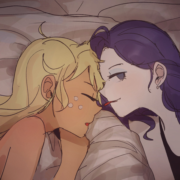 Size: 1280x1279 | Tagged: safe, artist:tcn1205, derpibooru import, part of a set, applejack, rarity, human, equestria girls, bed, cute, female, humanized, jackabetes, lesbian, on bed, pony coloring, pretty, raribetes, rarijack, selfie, shipping, silly, sleeping, tongue out