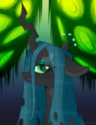 Size: 1280x1664 | Tagged: artist:justalyachan, bust, changeling, changeling hive, changeling queen, crown, cute, cutealis, derpibooru import, deviantart watermark, female, floppy ears, jewelry, obtrusive watermark, portrait, profile, queen chrysalis, regalia, safe, solo, watermark