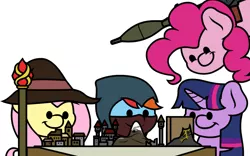 Size: 1280x800 | Tagged: safe, artist:ljdamz1119, derpibooru import, fluttershy, pinkie pie, rainbow dash, twilight sparkle, pony, adventuring party, board game, dot eyes, dungeons and dragons, hat, ogres and oubliettes, pen and paper rpg, rainbow rogue, roleplaying, rpg, rpg (weapon), rpg-7, simple background, tabletop game, weapon, white background, wizard