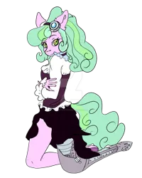 Size: 800x1000 | Tagged: safe, artist:coffeevixxen, derpibooru import, oc, oc:taffy fizzlespark, unofficial characters only, anthro, earth pony, amputee, anthro oc, automail, clothes, deviantart watermark, female, goggles, mare, obtrusive watermark, prosthetic limb, prosthetics, simple background, steampunk, transparent background, watermark