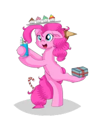Size: 640x800 | Tagged: safe, artist:vivi04264, derpibooru import, pinkie pie, earth pony, pony, back fluff, balancing, bipedal, bubble, candy, candy cane, cheek fluff, chest fluff, cupcake, cute, diapinkes, drink, ear down, ear fluff, food, ice cream, leg fluff, on one leg, open mouth, present, rainbow cupcake, solo, straw