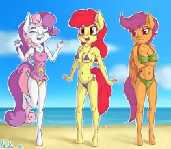 Size: 1400x1222 | Tagged: suggestive, artist:neko-me, derpibooru import, apple bloom, scootaloo, sweetie belle, anthro, earth pony, pegasus, unguligrade anthro, unicorn, apple bloomers, absolute cleavage, apple buruma project, armpits, beach, belly button, bikini, breasts, busty apple bloom, busty scootaloo, busty sweetie belle, cleavage, clothes, crossed arms, cutie mark crusaders, eyes closed, female, females only, frilled swimsuit, happy, mare, micro bikini, ocean, older, older apple bloom, older scootaloo, older sweetie belle, one-piece swimsuit, outdoors, sand, side-tie bikini, small breasts, smiling, summer, swimsuit, trio, trio female