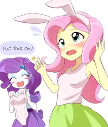 Size: 800x941 | Tagged: safe, alternate version, artist:ryuu, derpibooru import, fluttershy, rarity, human, equestria girls, anime, blush sticker, blushing, bunny ears, bunny suit, clothes, cute, duo, female, leotard, open mouth, plewds, raribetes, shyabetes, simple background, speech bubble, sweat, translation, white background