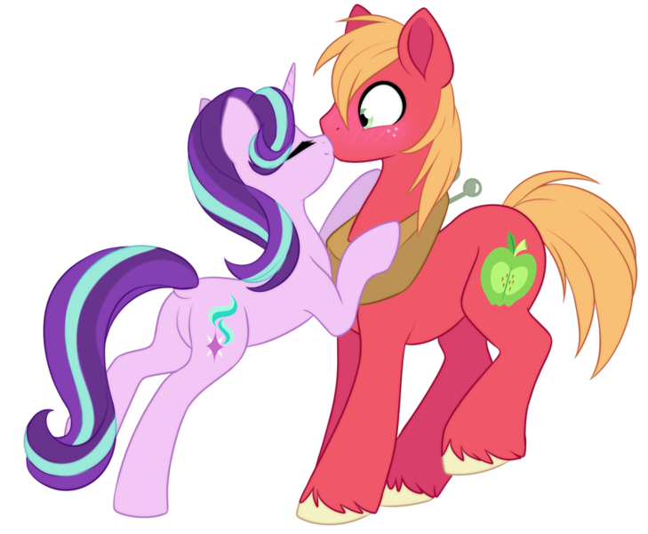 Size: 900x741 | Tagged: safe, artist:scarlet-spectrum, derpibooru import, big macintosh, starlight glimmer, earth pony, pony, unicorn, blushing, butt, crack shipping, dock, female, glimmermac, kissing, male, mare, plot, shipping, simple background, smiling, stallion, straight, transparent background