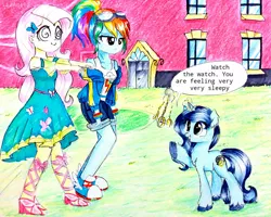 Size: 1000x799 | Tagged: safe, artist:liaaqila, derpibooru import, fluttershy, rainbow dash, oc, oc:spiral swirl, pony, equestria girls, equestria girls series, canterlot high, clothes, converse, female, flutterdash, hypnosis, hypnotized, lesbian, pendulum swing, pocket watch, rainbow dash is not amused, raised arms, shipping, shoes, sleepwalking, sleepy, sneakers, solo, square crossover, swirly eyes, unamused