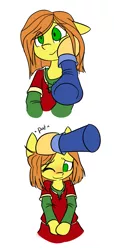 Size: 587x1286 | Tagged: safe, artist:spheedc, derpibooru import, oc, oc:sweet corn, unofficial characters only, earth pony, semi-anthro, blushing, clothes, digital art, disembodied hoof, female, head pat, mare, pat, simple background, solo, white background