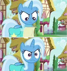 Size: 402x427 | Tagged: safe, derpibooru import, screencap, trixie, pony, unicorn, student counsel, angry, angry eyes, glare, reaction image, trixie is not amused, unamused, what the fuck am i reading