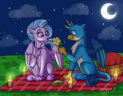 Size: 3700x2900 | Tagged: safe, artist:jack-pie, derpibooru import, gallus, silverstream, classical hippogriff, gryphon, hippogriff, blushing, candle, crescent moon, cute, date, diastreamies, female, fire, flower, food, gallabetes, gallstream, male, moon, night, open mouth, picnic blanket, sandwich, shipping, sitting, stars, straight