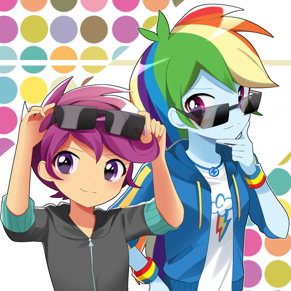 Size: 1900x1900 | Tagged: safe, artist:ryuu, derpibooru import, edit, rainbow dash, scootaloo, equestria girls, equestria girls series, abstract background, anime, clothes, cute, cutealoo, dashabetes, duo, female, geode of super speed, hoodie, looking at you, magical geodes, scootalove, shirt, smiling, smirk, sunglasses, wristband