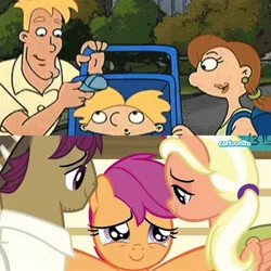 Size: 2048x2048 | Tagged: safe, derpibooru import, screencap, apple bloom, mane allgood, scootaloo, snap shutter, sweetie belle, pony, the last crusade, arnold shortman, cartoonito logo, cutie mark crusaders, hey arnold, hey arnold: the jungle movie, miles (hey arnold), nickelodeon, spoiler, stella (hey arnold)