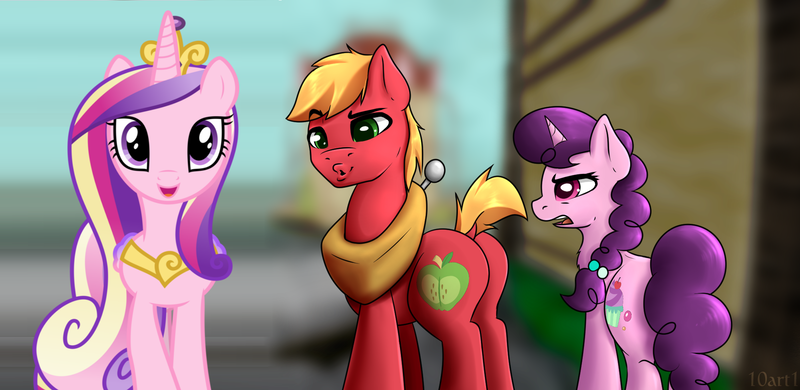 Size: 2000x976 | Tagged: safe, artist:10art1, artist:parclytaxel, derpibooru import, edit, big macintosh, princess cadance, sugar belle, alicorn, earth pony, pony, unicorn, cadmac, distracted boyfriend meme, female, implied sugarmac, infidelity, male, shipping, straight