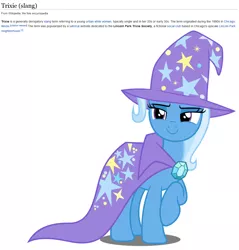 Size: 1136x1188 | Tagged: safe, artist:dashiesparkle, derpibooru import, edit, trixie, pony, to where and back again, absurd resolution, cape, clothes, example, hat, raised hoof, simple background, solo, text, transparent background, trixie's cape, trixie's hat, vector, wikipedia