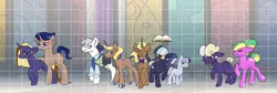 Size: 1024x345 | Tagged: safe, artist:paisleyperson, derpibooru import, oc, oc:augur lune, oc:austere void, oc:crescent veil, oc:glint guile, oc:glossy trot, oc:lodestar, oc:moon gleam, oc:proper prose, oc:shade baron, earth pony, pony, unicorn, female, filly, male, mare, stallion