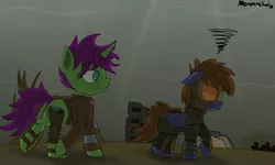 Size: 2500x1500 | Tagged: safe, artist:memeancholy, derpibooru import, oc, oc:dauntless, oc:six-shooter, unofficial characters only, pegasus, pony, unicorn, fallout equestria, armor, clothes, dashite, enclave, female, gun, mare, pipbuck, wasteland, weapon