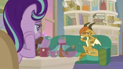 Size: 1920x1080 | Tagged: safe, derpibooru import, screencap, ocellus, starlight glimmer, dragon, unicorn, student counsel, book, bookshelf, chair, couch, cup, desk, disguise, disguised changeling, dragon ocellus, dragonellus, duo, female, mug, school of friendship, sitting, starlight's office, teacup, teapot