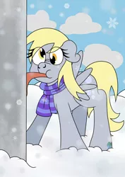 Size: 2480x3508 | Tagged: safe, artist:eillahwolf, derpibooru import, derpy hooves, pegasus, pony, a christmas story, clothes, eye clipping through hair, female, mare, scarf, snow, solo, tongue out, tongue stuck to pole, winter