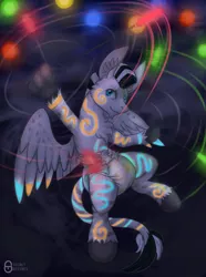 Size: 3500x4700 | Tagged: alternate version, artist:secret_desires, body painting, derpibooru import, diaper, diaper fetish, fetish, glowstick, hippogriff, hippogriff oc, male, oc, oc:cairbre, rave, solo, solo male, suggestive, unofficial characters only, unshorn fetlocks